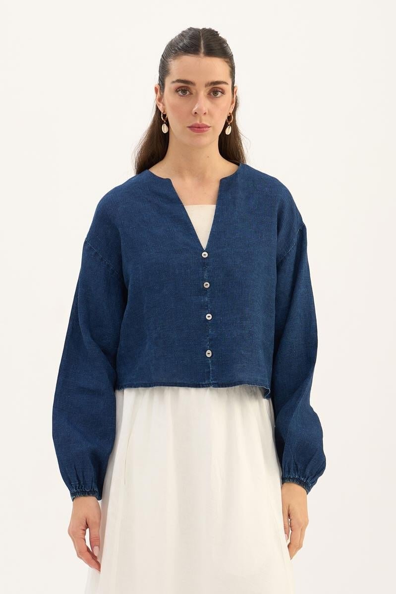 %100 Keten Denim Kısa Bluz