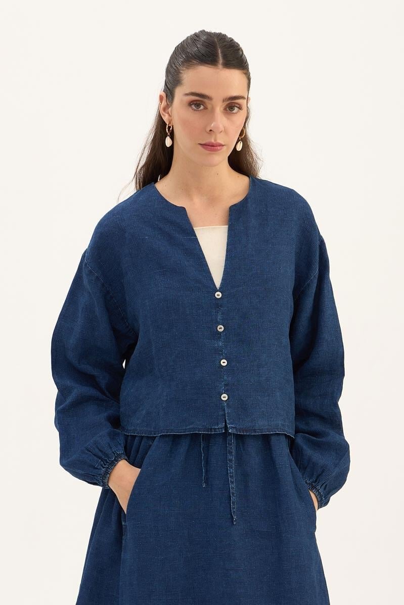 %100 Keten Denim Kısa Bluz