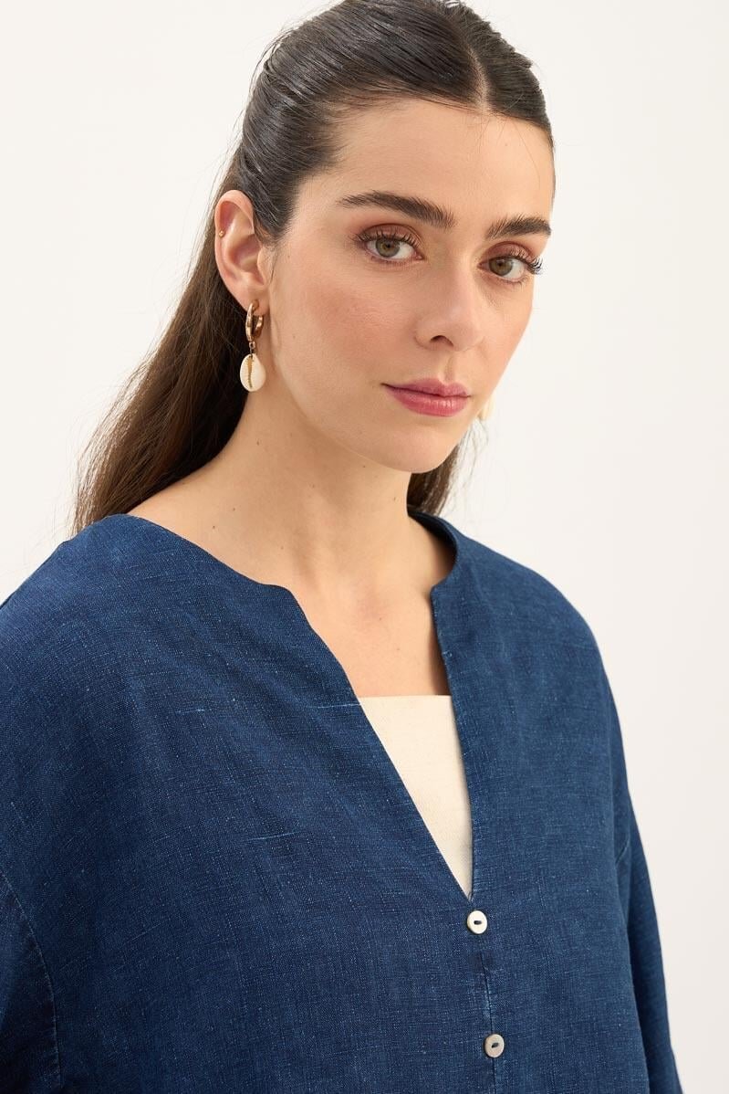 %100 Keten Denim Kısa Bluz