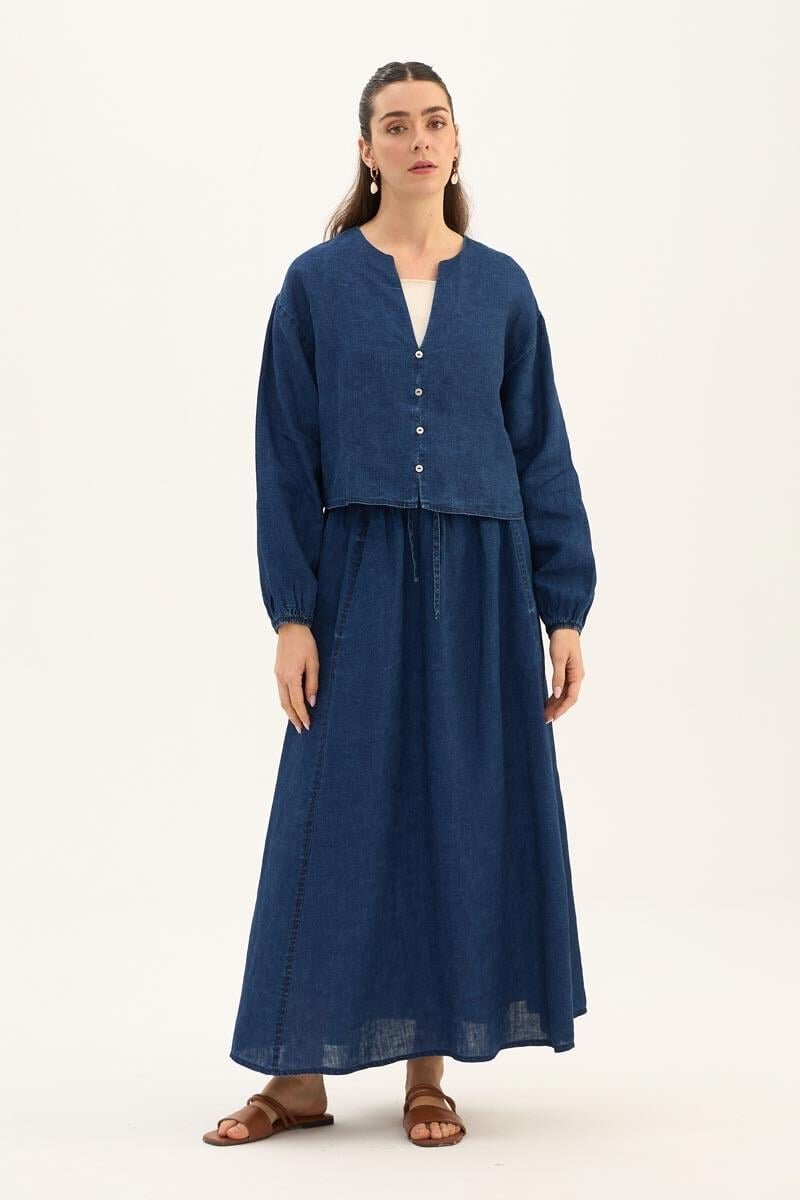 %100 Keten Denim Kısa Bluz