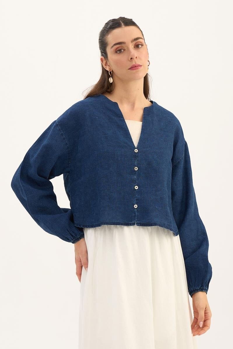 %100 Keten Denim Kısa Bluz