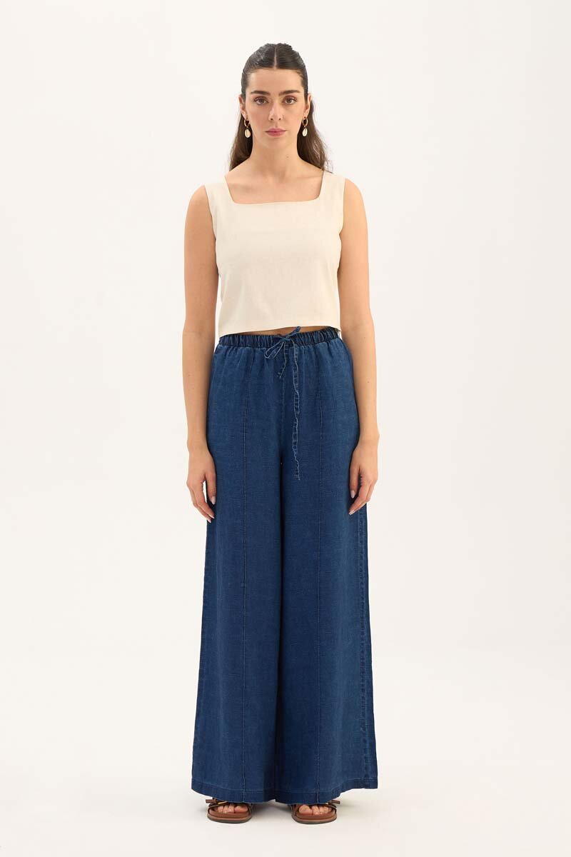 %100 Keten Denim Pantolon