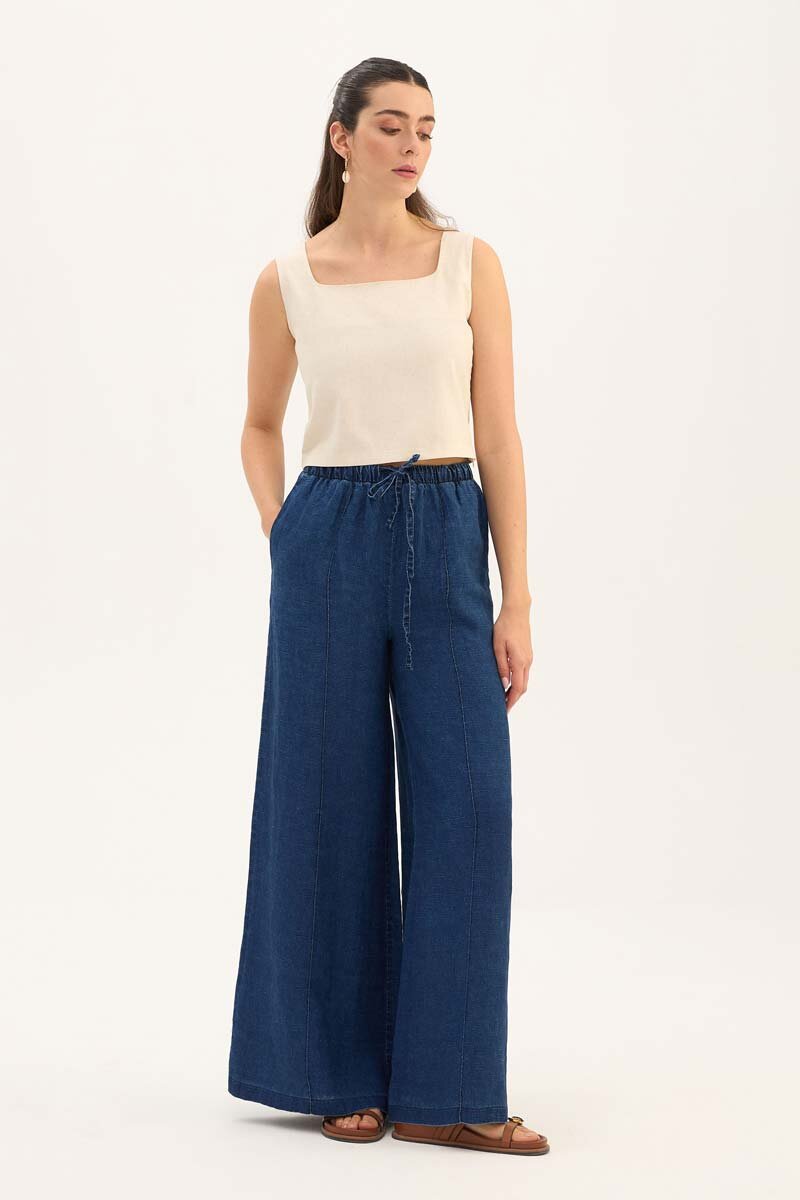 %100 Keten Denim Pantolon